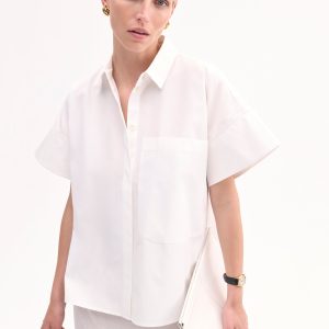 Boxy Short Sleeve Shirt in Cotton Poplin - White