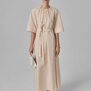 Gathered Belted Dress in Cotton Poplin - Pink