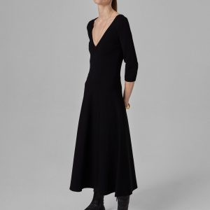 V Neck A-Line Knit Dress  - Black